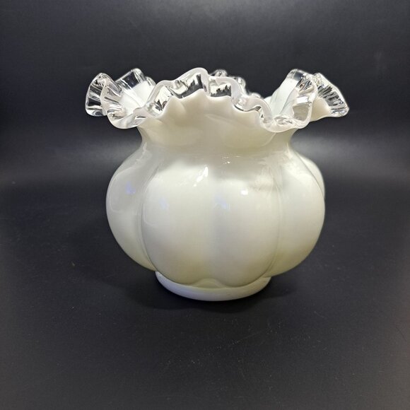Fenton Milk Glass Melon Vase With Silver Crest Ruffled Edge - Picture 2 of 13